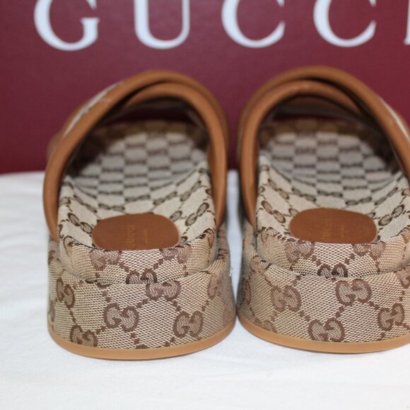 NWB Gucci GG Supreme Padded Platform Crisscross Sandals Slides Beige 40 816798 - Picture 4 of 6